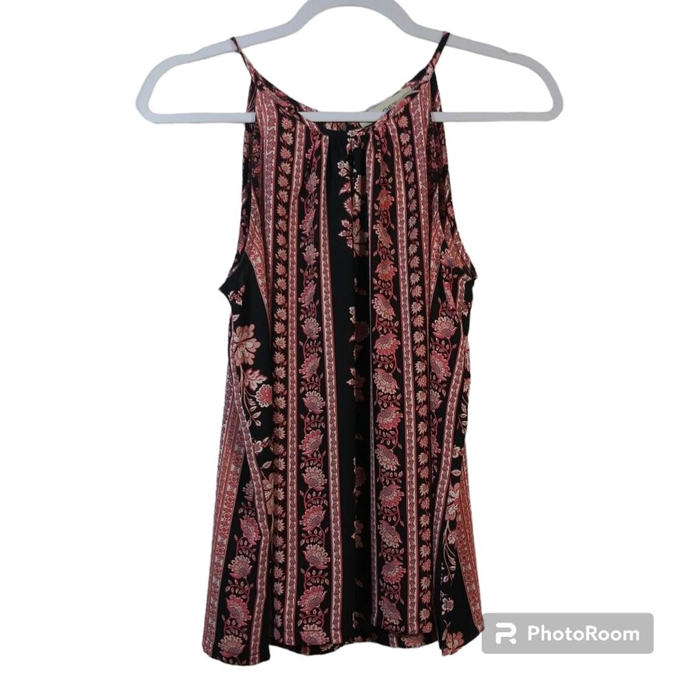 Loft Black And Pink Floral Stripe High Neck Sleeveless Tank Petite Size SP